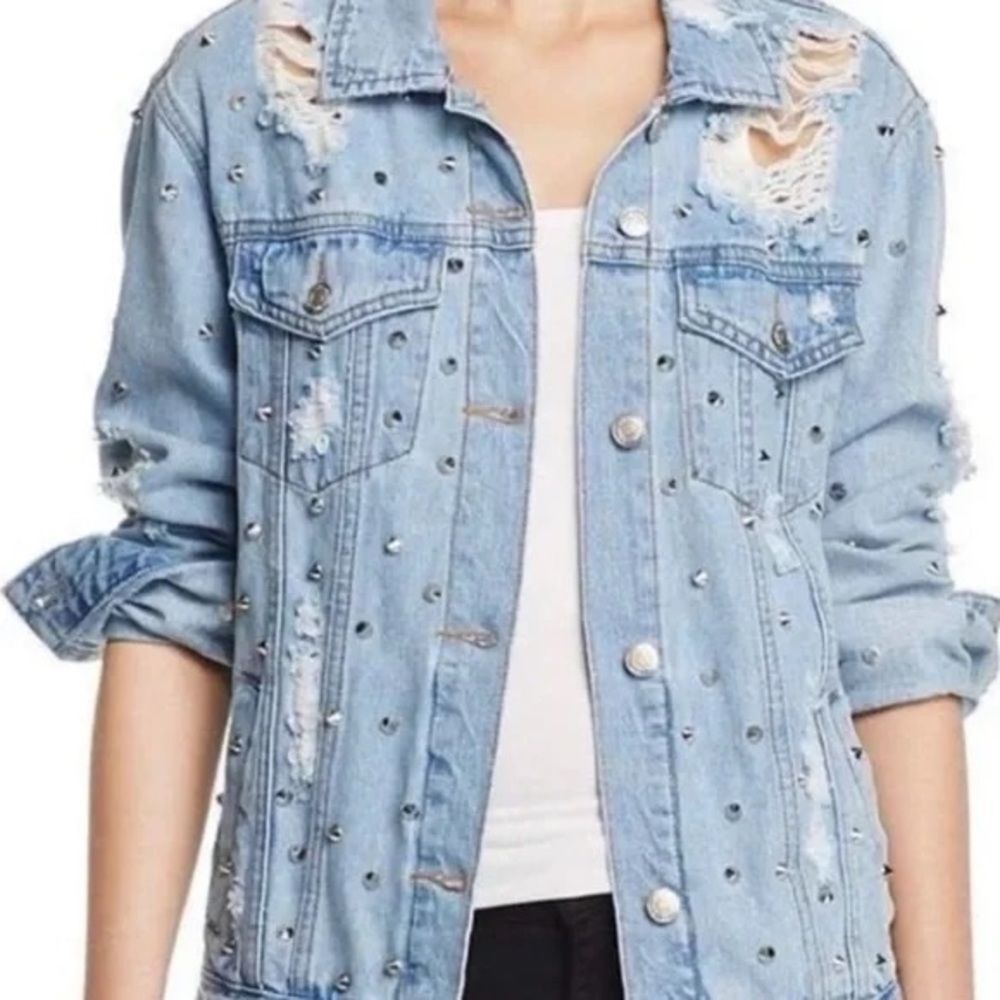 Sunset + Spring Distressed and Studded Denim Jacket